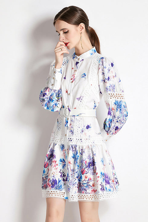 Designer Autumn Hollow Out Lace Patchwork, Mock Neck, Long Sleeve, Belted, Floral Print Office, Party Fab Women Dress